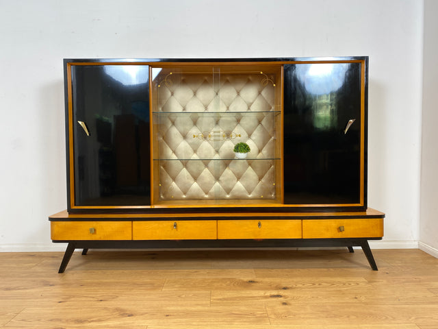 WMK Stilvoller und gut erhaltener Mid-Century Wohnzimmerschrank mit Vitrine, verspiegelter Bar, Schiebetüren und Schubladen # Highboard Sideboard Schrankwand Rockabilly Barschrank Vintage 50er 60er