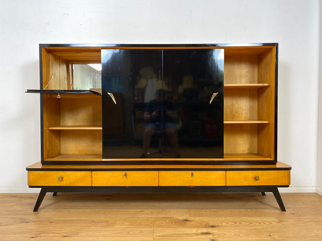 WMK Stilvoller und gut erhaltener Mid-Century Wohnzimmerschrank mit Vitrine, verspiegelter Bar, Schiebetüren und Schubladen # Highboard Sideboard Schrankwand Rockabilly Barschrank Vintage 50er 60er