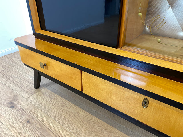 WMK Stilvoller und gut erhaltener Mid-Century Wohnzimmerschrank mit Vitrine, verspiegelter Bar, Schiebetüren und Schubladen # Highboard Sideboard Schrankwand Rockabilly Barschrank Vintage 50er 60er