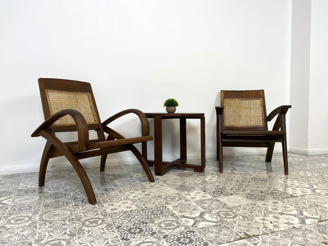 WMK Set aus 2 besonders schönen & raren Burmesischen Mid-Century Teak & Rohrgeflecht Sessel mit passendem Couchtisch # Easychair Relaxchair Lesesessel Stühle Rattansessel Designer Gartenmöbel Vintage