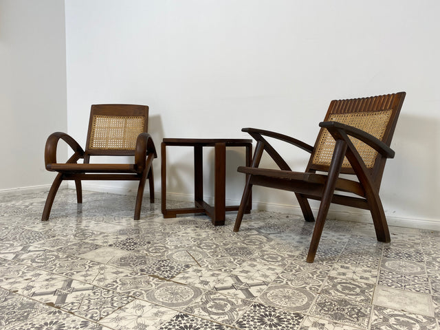 WMK Set aus 2 besonders schönen & raren Burmesischen Mid-Century Teak & Rohrgeflecht Sessel mit passendem Couchtisch # Easychair Relaxchair Lesesessel Stühle Rattansessel Designer Gartenmöbel Vintage