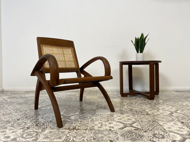 WMK Set aus 2 besonders schönen & raren Burmesischen Mid-Century Teak & Rohrgeflecht Sessel mit passendem Couchtisch # Easychair Relaxchair Lesesessel Stühle Rattansessel Designer Gartenmöbel Vintage