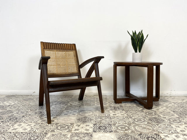 WMK Set aus 2 besonders schönen & raren Burmesischen Mid-Century Teak & Rohrgeflecht Sessel mit passendem Couchtisch # Easychair Relaxchair Lesesessel Stühle Rattansessel Designer Gartenmöbel Vintage