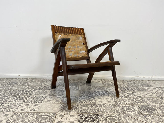 WMK Set aus 2 besonders schönen & raren Burmesischen Mid-Century Teak & Rohrgeflecht Sessel mit passendem Couchtisch # Easychair Relaxchair Lesesessel Stühle Rattansessel Designer Gartenmöbel Vintage