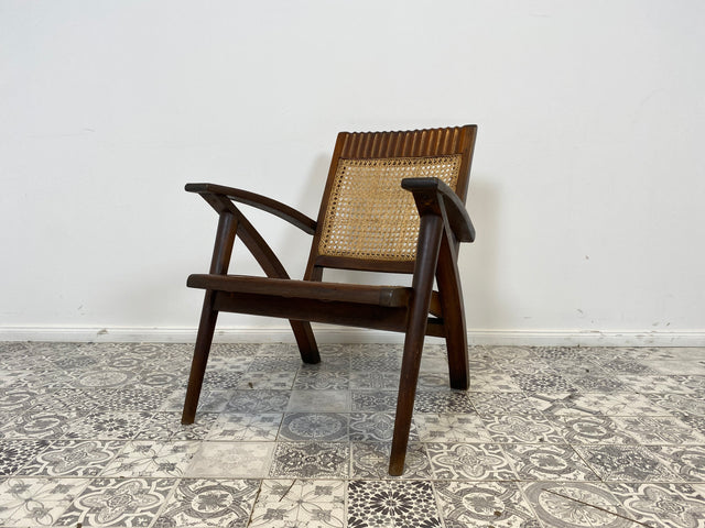 WMK Set aus 2 besonders schönen & raren Burmesischen Mid-Century Teak & Rohrgeflecht Sessel mit passendem Couchtisch # Easychair Relaxchair Lesesessel Stühle Rattansessel Designer Gartenmöbel Vintage