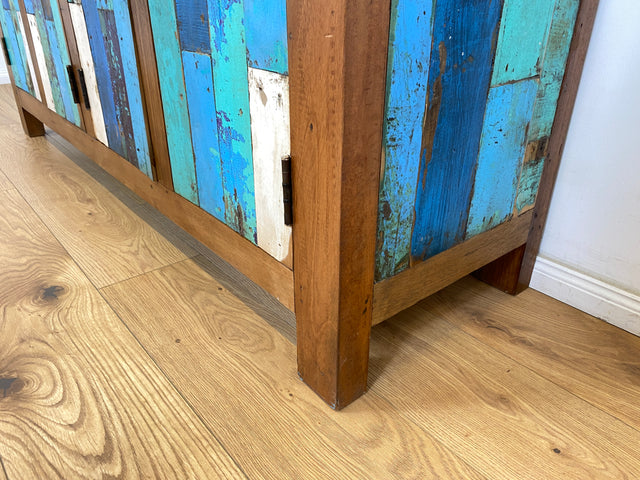 Boatwood by WMK # Farbenfrohes und detailreiches Sideboard (160cm), ein aus altem Bootsholz handgefertigtes Unikat aus massivem Teakholz # Schrank Kommode Anrichte TV-Board Wäschekommode Bootsmöbel