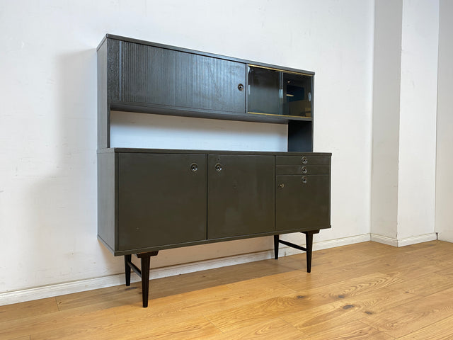 WMK Stilvolles schwarz lackiertes skandinavisches 60er Jahre Highboard mit Vitrinen Aufsatz , Schubladen & Rollladen Tür # Anrichte Sideboard Küchenschrank Geschirrschrank Danish Design Vintage 50er