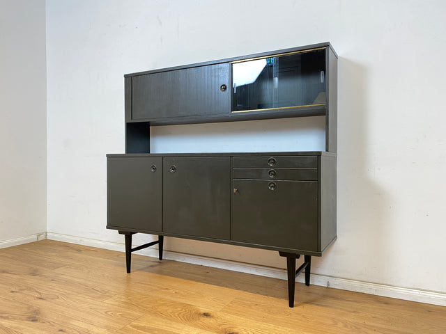 WMK Stilvolles schwarz lackiertes skandinavisches 60er Jahre Highboard mit Vitrinen Aufsatz , Schubladen & Rollladen Tür # Anrichte Sideboard Küchenschrank Geschirrschrank Danish Design Vintage 50er