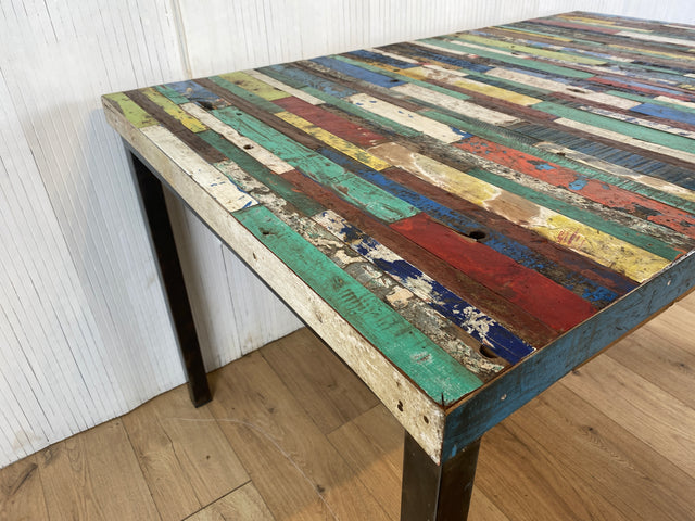 Boatwood by WMK # Wunderschöner Esstisch (140x90cm), ein aus altem Bootsholz handgefertigtes Unikat, Patchwork Teakholz auf Metallgestell # Tisch Esszimmertisch Küchentisch Holztisch Dinning Table