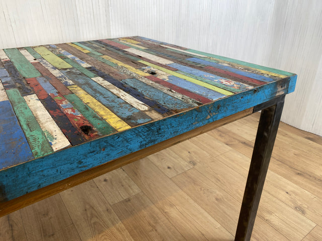 Boatwood by WMK # Wunderschöner Esstisch (140x90cm), ein aus altem Bootsholz handgefertigtes Unikat, Patchwork Teakholz auf Metallgestell # Tisch Esszimmertisch Küchentisch Holztisch Dinning Table