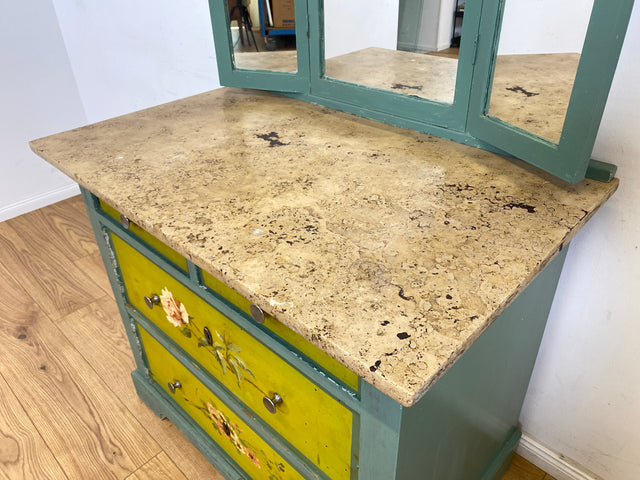 WMK Particularly beautiful antique mirror chest of drawers made of solid wood with marble top and floral hand painting # Dressing table, dressing table, marble chest of drawers, laundry chest, Art Nouveau, Vintage