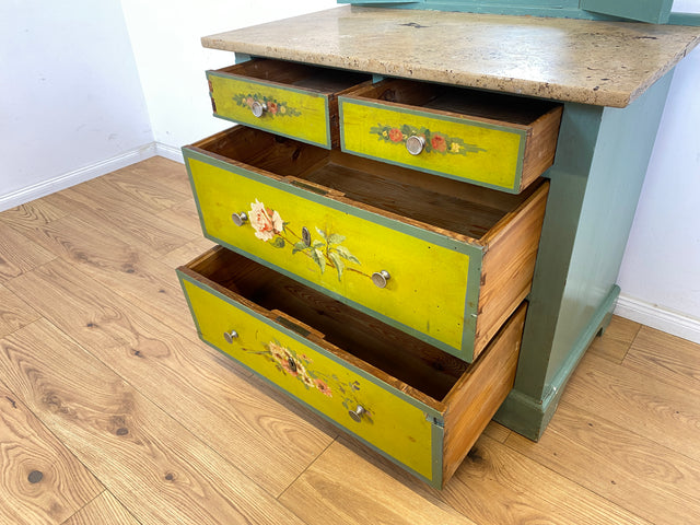 WMK Particularly beautiful antique mirror chest of drawers made of solid wood with marble top and floral hand painting # Dressing table, dressing table, marble chest of drawers, laundry chest, Art Nouveau, Vintage