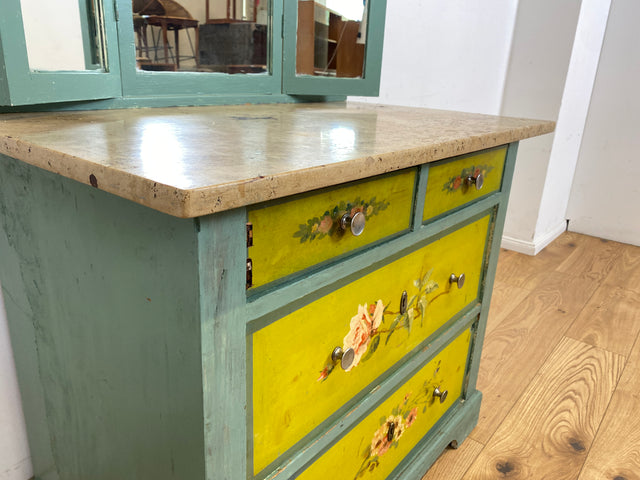 WMK Particularly beautiful antique mirror chest of drawers made of solid wood with marble top and floral hand painting # Dressing table, dressing table, marble chest of drawers, laundry chest, Art Nouveau, Vintage