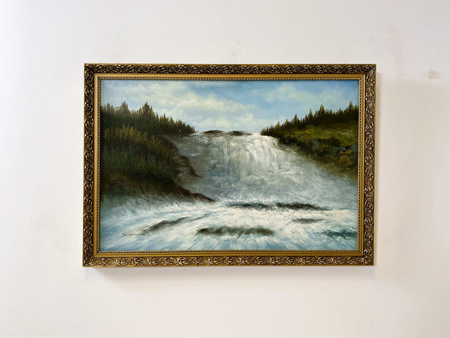 WMK Dynamisches & sehr gut erhaltenes schwedisches Öl auf Leinwand Gemälde, 98x68cm, signiert jedoch nicht zuzuordnen, Holzrahmen in Gold # Bild Wandgemälde Ölgemälde Wasserfall Goldrahmen Vintage