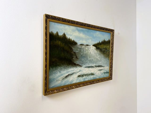 WMK Dynamisches & sehr gut erhaltenes schwedisches Öl auf Leinwand Gemälde, 98x68cm, signiert jedoch nicht zuzuordnen, Holzrahmen in Gold # Bild Wandgemälde Ölgemälde Wasserfall Goldrahmen Vintage