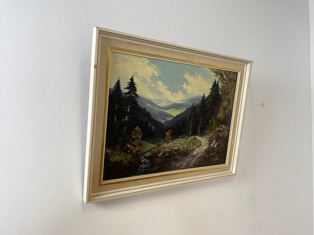 WMK Gut gemaltes schwedisches Landschaftsgemälde, Öl auf Leinwand, 85x62cm, 1960er, signiert jedoch nicht zuzuordnen, in leicht beschädigtem Originalrahmen # Bild Wandgemälde Ölgemälde Vintage Retro