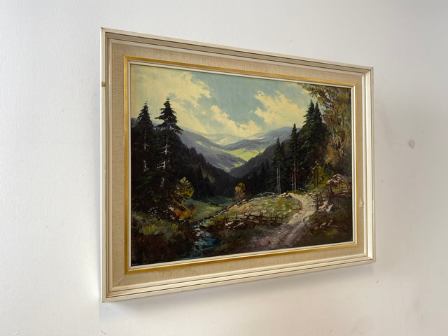 WMK Gut gemaltes schwedisches Landschaftsgemälde, Öl auf Leinwand, 85x62cm, 1960er, signiert jedoch nicht zuzuordnen, in leicht beschädigtem Originalrahmen # Bild Wandgemälde Ölgemälde Vintage Retro