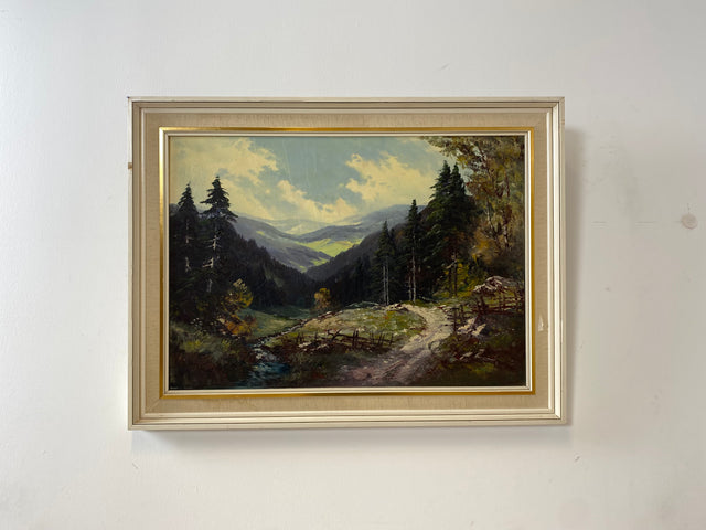 WMK Gut gemaltes schwedisches Landschaftsgemälde, Öl auf Leinwand, 85x62cm, 1960er, signiert jedoch nicht zuzuordnen, in leicht beschädigtem Originalrahmen # Bild Wandgemälde Ölgemälde Vintage Retro