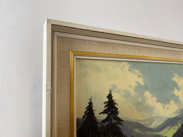 WMK Gut gemaltes schwedisches Landschaftsgemälde, Öl auf Leinwand, 85x62cm, 1960er, signiert jedoch nicht zuzuordnen, in leicht beschädigtem Originalrahmen # Bild Wandgemälde Ölgemälde Vintage Retro