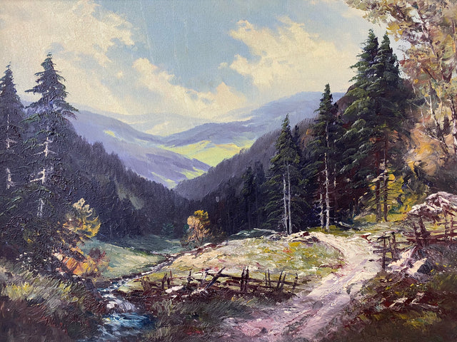 WMK Gut gemaltes schwedisches Landschaftsgemälde, Öl auf Leinwand, 85x62cm, 1960er, signiert jedoch nicht zuzuordnen, in leicht beschädigtem Originalrahmen # Bild Wandgemälde Ölgemälde Vintage Retro