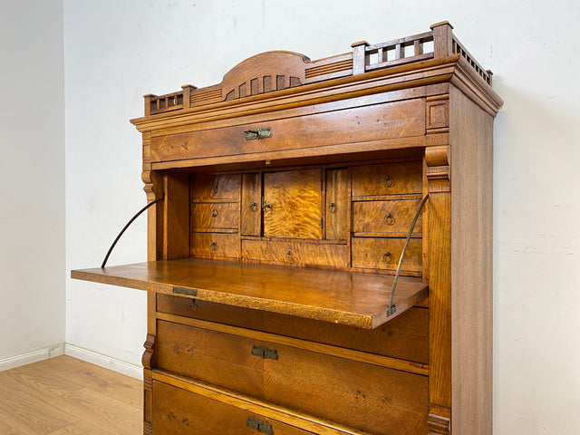 WMK Wunderschöner skandinavischer antiker Schreibschrank aus massivem Eichenholz mit fester Schreibklappe & Schubladen # Sekretär Schrank Schubladenkommode Schreibtisch Highboard Biedermeier Vintage