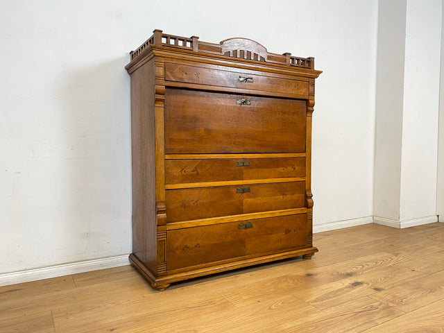 WMK Wunderschöner skandinavischer antiker Schreibschrank aus massivem Eichenholz mit fester Schreibklappe & Schubladen # Sekretär Schrank Schubladenkommode Schreibtisch Highboard Biedermeier Vintage