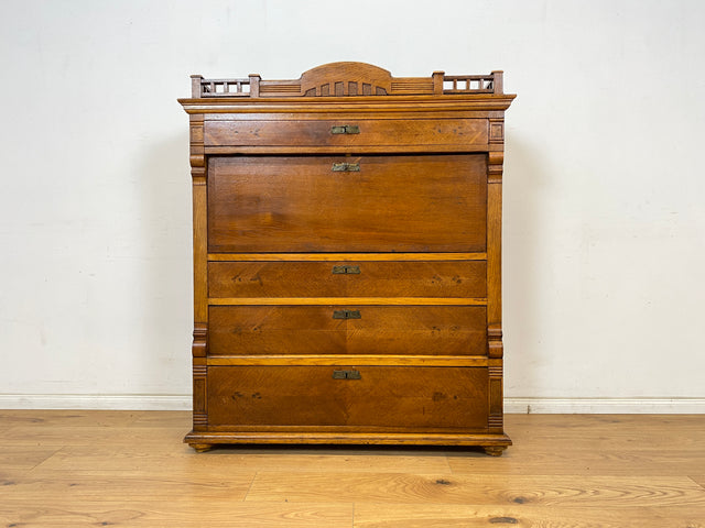 WMK Wunderschöner skandinavischer antiker Schreibschrank aus massivem Eichenholz mit fester Schreibklappe & Schubladen # Sekretär Schrank Schubladenkommode Schreibtisch Highboard Biedermeier Vintage