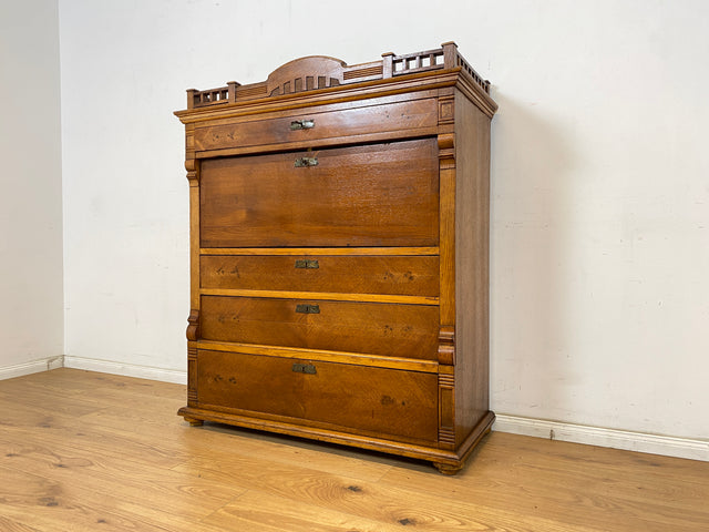 WMK Wunderschöner skandinavischer antiker Schreibschrank aus massivem Eichenholz mit fester Schreibklappe & Schubladen # Sekretär Schrank Schubladenkommode Schreibtisch Highboard Biedermeier Vintage