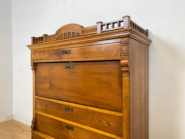 WMK Wunderschöner skandinavischer antiker Schreibschrank aus massivem Eichenholz mit fester Schreibklappe & Schubladen # Sekretär Schrank Schubladenkommode Schreibtisch Highboard Biedermeier Vintage