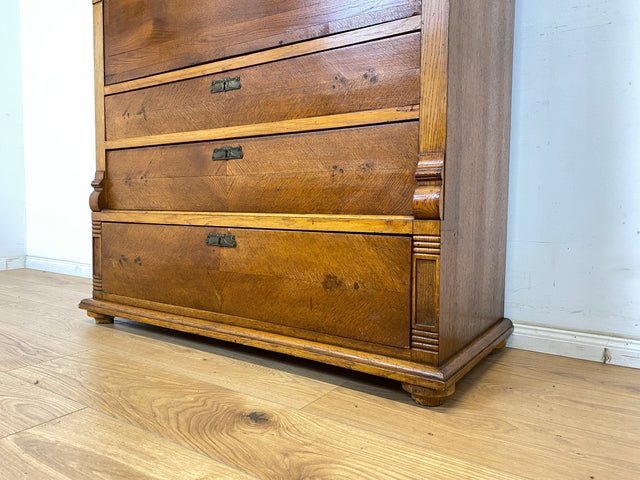 WMK Wunderschöner skandinavischer antiker Schreibschrank aus massivem Eichenholz mit fester Schreibklappe & Schubladen # Sekretär Schrank Schubladenkommode Schreibtisch Highboard Biedermeier Vintage