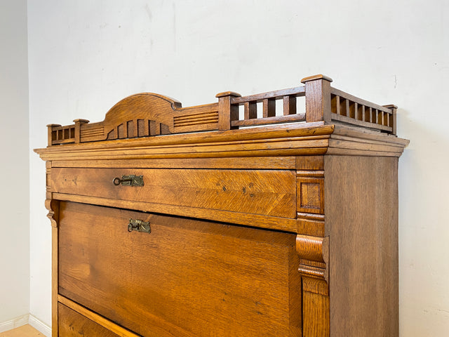 WMK Wunderschöner skandinavischer antiker Schreibschrank aus massivem Eichenholz mit fester Schreibklappe & Schubladen # Sekretär Schrank Schubladenkommode Schreibtisch Highboard Biedermeier Vintage