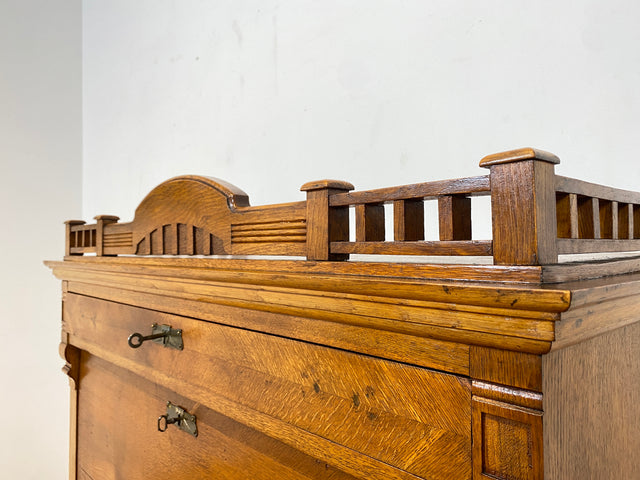 WMK Wunderschöner skandinavischer antiker Schreibschrank aus massivem Eichenholz mit fester Schreibklappe & Schubladen # Sekretär Schrank Schubladenkommode Schreibtisch Highboard Biedermeier Vintage