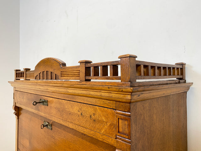 WMK Wunderschöner skandinavischer antiker Schreibschrank aus massivem Eichenholz mit fester Schreibklappe & Schubladen # Sekretär Schrank Schubladenkommode Schreibtisch Highboard Biedermeier Vintage