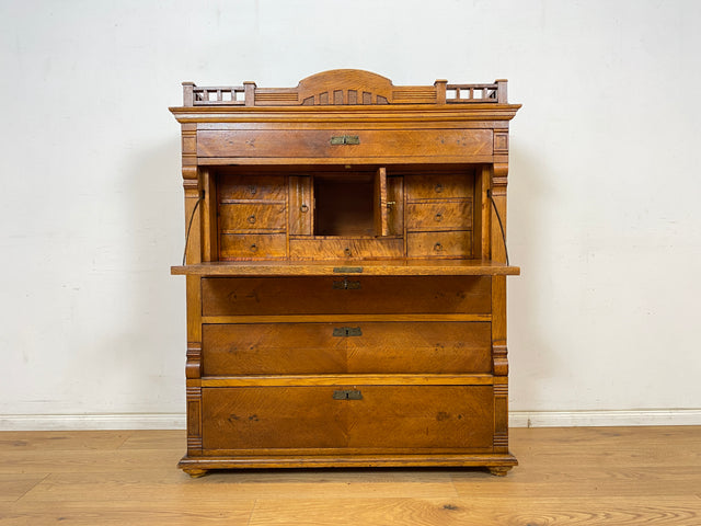 WMK Wunderschöner skandinavischer antiker Schreibschrank aus massivem Eichenholz mit fester Schreibklappe & Schubladen # Sekretär Schrank Schubladenkommode Schreibtisch Highboard Biedermeier Vintage