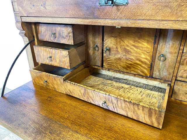 WMK Wunderschöner skandinavischer antiker Schreibschrank aus massivem Eichenholz mit fester Schreibklappe & Schubladen # Sekretär Schrank Schubladenkommode Schreibtisch Highboard Biedermeier Vintage