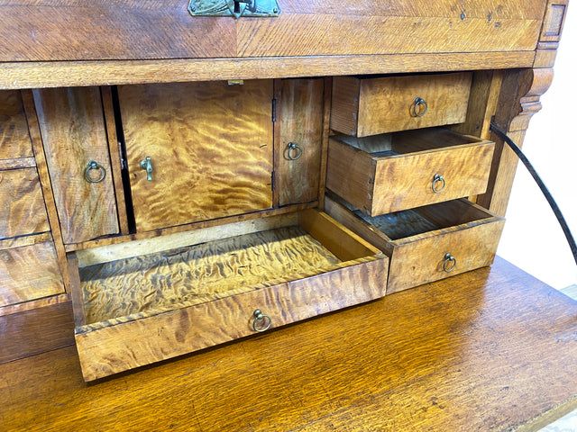 WMK Wunderschöner skandinavischer antiker Schreibschrank aus massivem Eichenholz mit fester Schreibklappe & Schubladen # Sekretär Schrank Schubladenkommode Schreibtisch Highboard Biedermeier Vintage