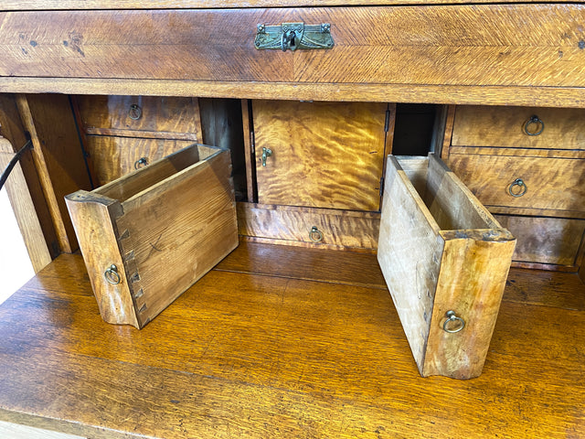 WMK Wunderschöner skandinavischer antiker Schreibschrank aus massivem Eichenholz mit fester Schreibklappe & Schubladen # Sekretär Schrank Schubladenkommode Schreibtisch Highboard Biedermeier Vintage