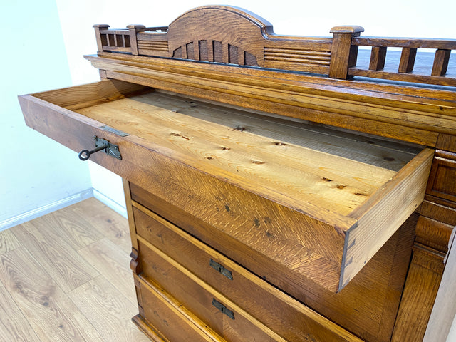 WMK Wunderschöner skandinavischer antiker Schreibschrank aus massivem Eichenholz mit fester Schreibklappe & Schubladen # Sekretär Schrank Schubladenkommode Schreibtisch Highboard Biedermeier Vintage