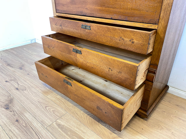 WMK Wunderschöner skandinavischer antiker Schreibschrank aus massivem Eichenholz mit fester Schreibklappe & Schubladen # Sekretär Schrank Schubladenkommode Schreibtisch Highboard Biedermeier Vintage