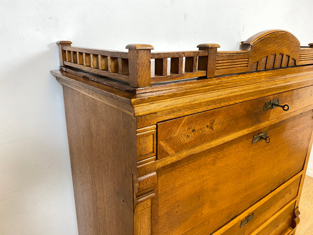 WMK Wunderschöner skandinavischer antiker Schreibschrank aus massivem Eichenholz mit fester Schreibklappe & Schubladen # Sekretär Schrank Schubladenkommode Schreibtisch Highboard Biedermeier Vintage