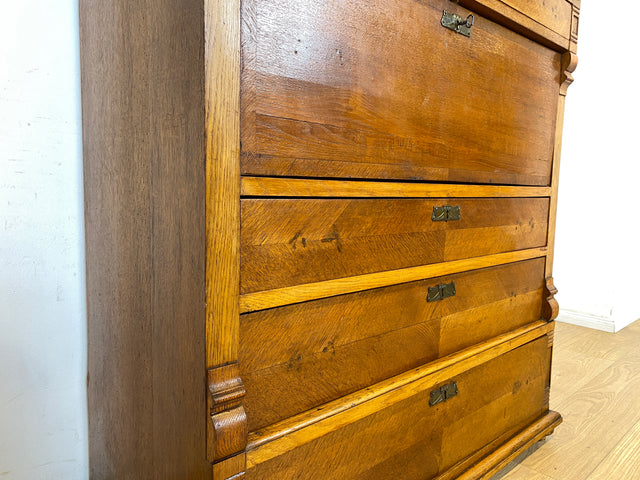 WMK Wunderschöner skandinavischer antiker Schreibschrank aus massivem Eichenholz mit fester Schreibklappe & Schubladen # Sekretär Schrank Schubladenkommode Schreibtisch Highboard Biedermeier Vintage