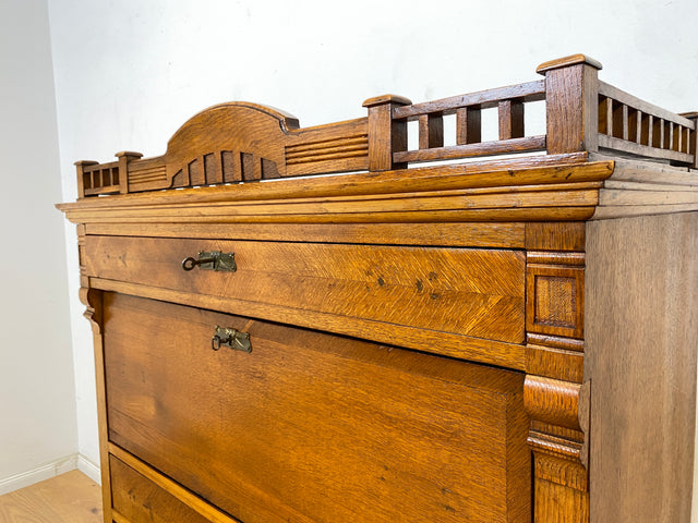 WMK Wunderschöner skandinavischer antiker Schreibschrank aus massivem Eichenholz mit fester Schreibklappe & Schubladen # Sekretär Schrank Schubladenkommode Schreibtisch Highboard Biedermeier Vintage