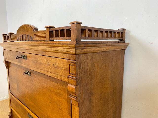 WMK Wunderschöner skandinavischer antiker Schreibschrank aus massivem Eichenholz mit fester Schreibklappe & Schubladen # Sekretär Schrank Schubladenkommode Schreibtisch Highboard Biedermeier Vintage