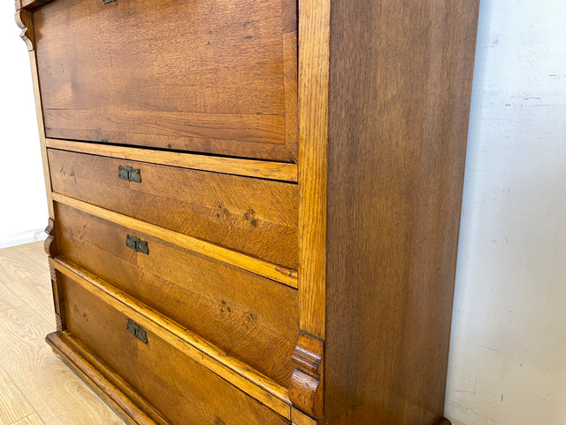 WMK Wunderschöner skandinavischer antiker Schreibschrank aus massivem Eichenholz mit fester Schreibklappe & Schubladen # Sekretär Schrank Schubladenkommode Schreibtisch Highboard Biedermeier Vintage