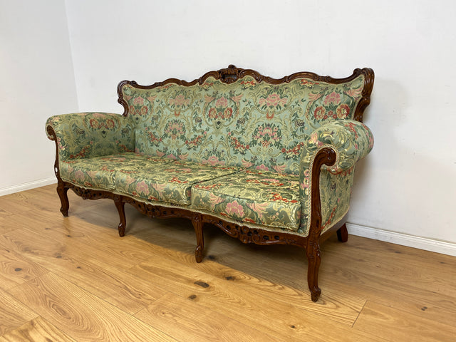 WMK Pompöses und sehr gut erhaltenes freistehendes Vintage Sofa im Stile des Rokoko mit reichverziertem Holzrahmen und hochwertigem floralem Bezug # Couch 3-Sitzer 3er Chaiselongue Barock Stilmöbel