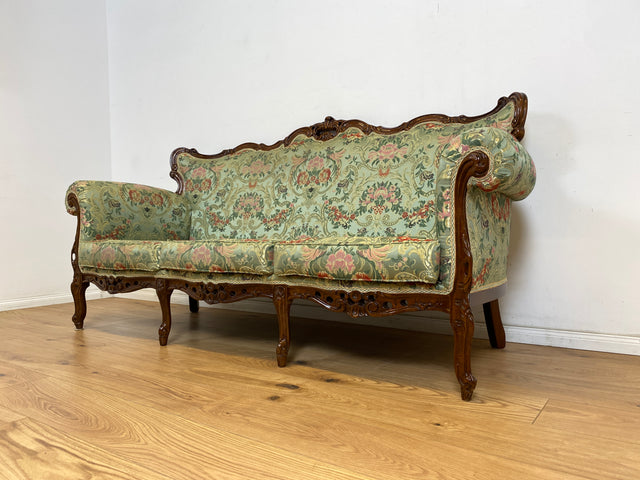 WMK Pompöses und sehr gut erhaltenes freistehendes Vintage Sofa im Stile des Rokoko mit reichverziertem Holzrahmen und hochwertigem floralem Bezug # Couch 3-Sitzer 3er Chaiselongue Barock Stilmöbel