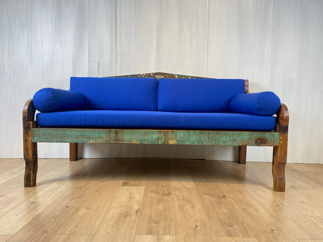 Boatwood by WMK # Besonderes Sofa aus altem Bootsholz, ein handgefertigtes Unikat aus massivem Teakholz mit neuer Polsterung & Kissen in schönem Blau # Couch Daybed Liege Bigsofa Loveseat Bootsmöbel