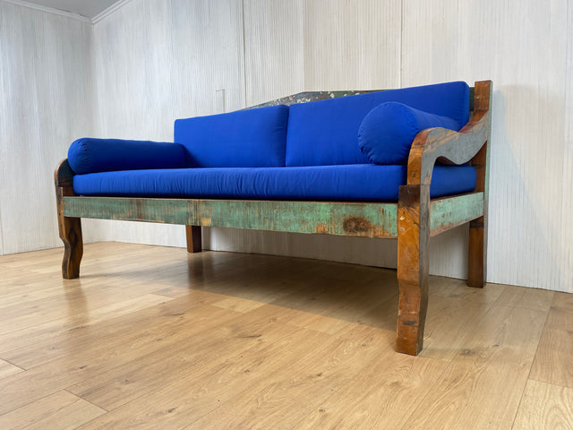 Boatwood by WMK # Besonderes Sofa aus altem Bootsholz, ein handgefertigtes Unikat aus massivem Teakholz mit neuer Polsterung & Kissen in schönem Blau # Couch Daybed Liege Bigsofa Loveseat Bootsmöbel