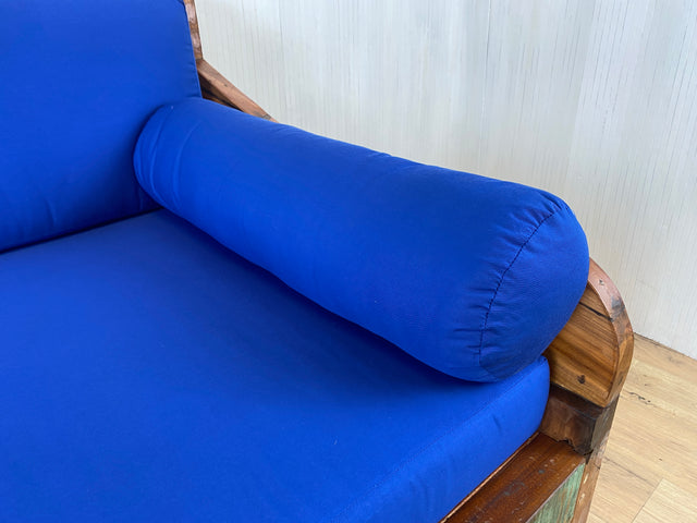 Boatwood by WMK # Besonderes Sofa aus altem Bootsholz, ein handgefertigtes Unikat aus massivem Teakholz mit neuer Polsterung & Kissen in schönem Blau # Couch Daybed Liege Bigsofa Loveseat Bootsmöbel