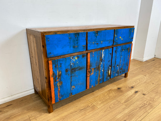 Boatwood by WMK # Wunderschönes meeresblaues Sideboard mit Schubladen, ein aus altem Bootsholz handgefertigtes Unikat aus massivem Teakholz # Schrank Kommode Anrichte Fernsehkommode Wäschekommode Teak